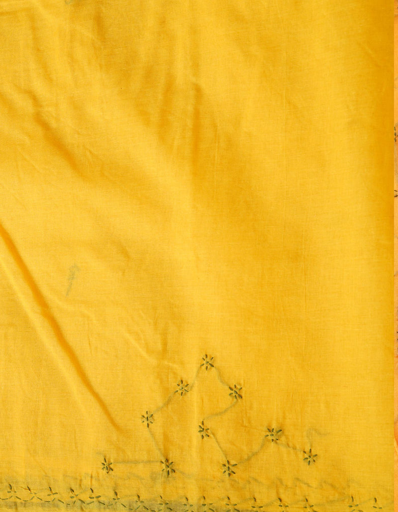 Yellow  Lucknow Chikankari Work Cotton Saree-UNM68761