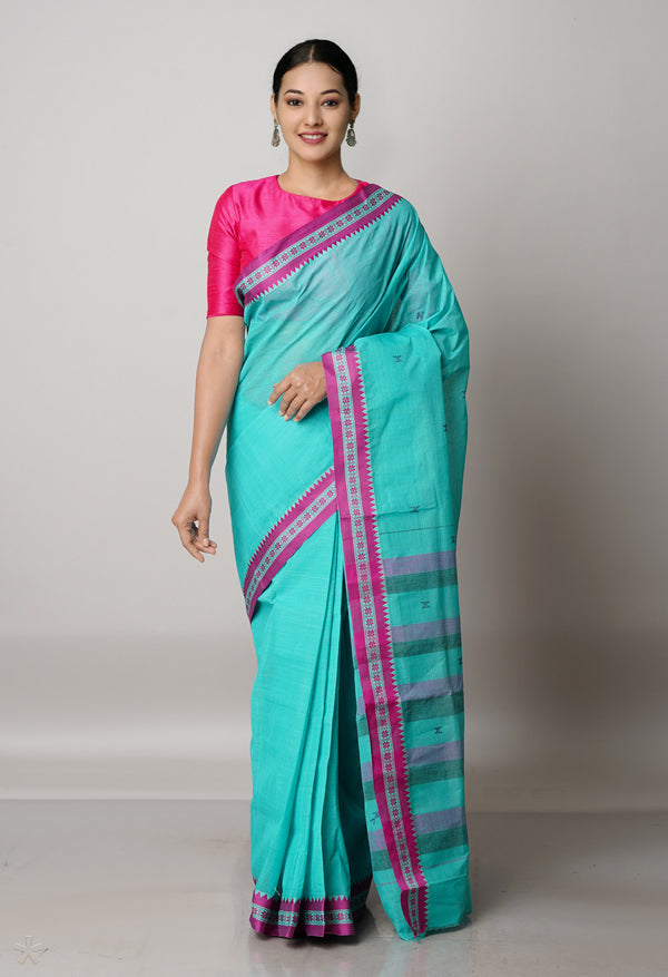 Jungle green Pure Handloom Dhaka Jamdhani Bengal Cotton Saree-UNM68771