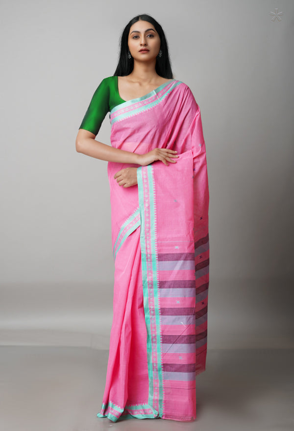 Watermelon Pink Pure Handloom Dhaka Jamdhani Bengal Cotton Saree-UNM68772