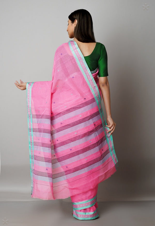 Watermelon Pink Pure Handloom Dhaka Jamdhani Bengal Cotton Saree-UNM68772