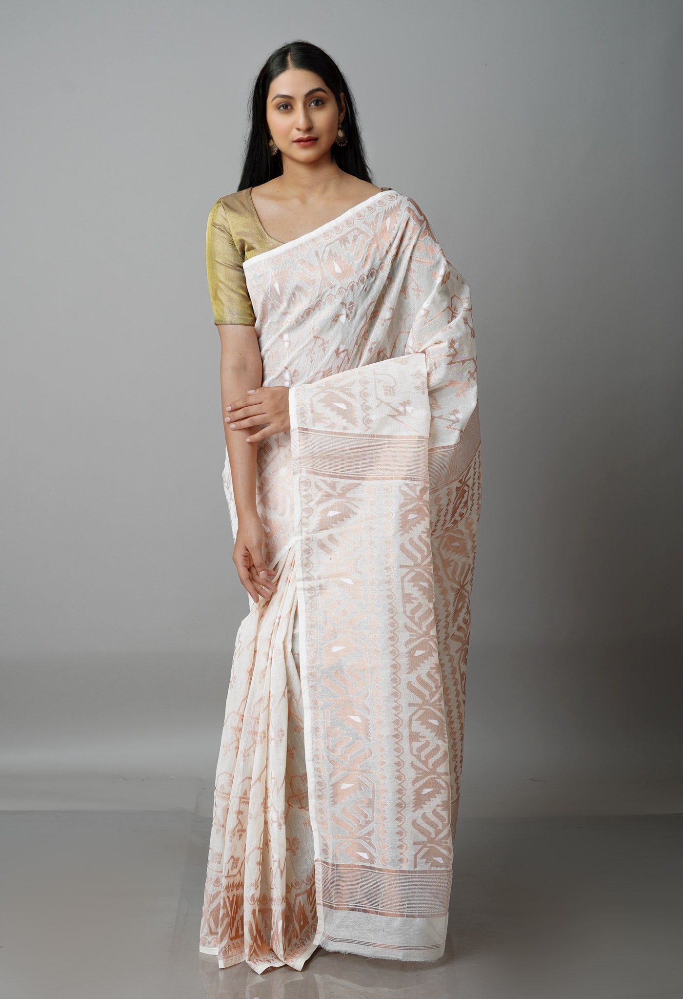 White Pure Handloom Dhaka Jamdhani Bengal Cotton Saree-UNM68777