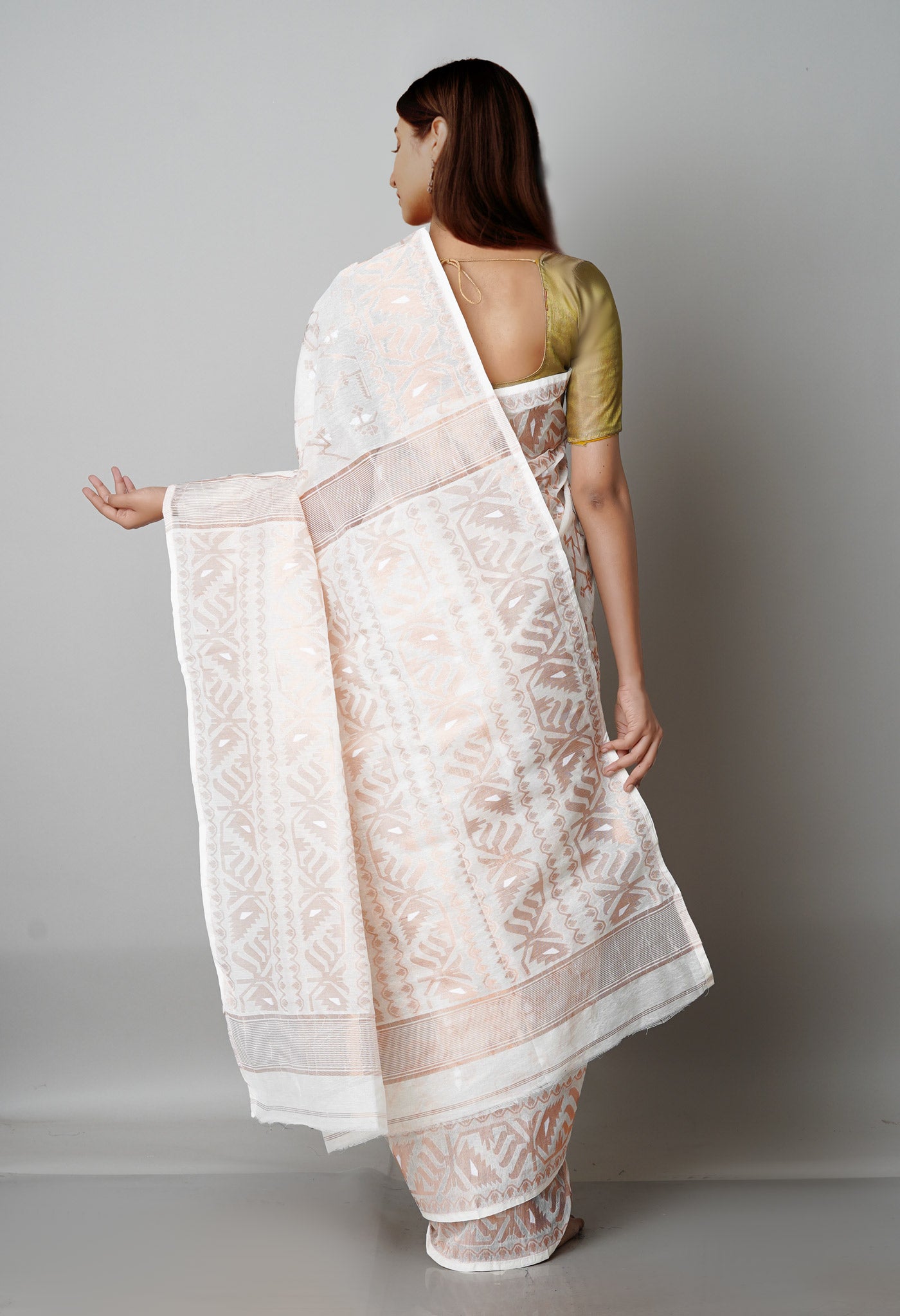 White Pure Handloom Dhaka Jamdhani Bengal Cotton Saree-UNM68777