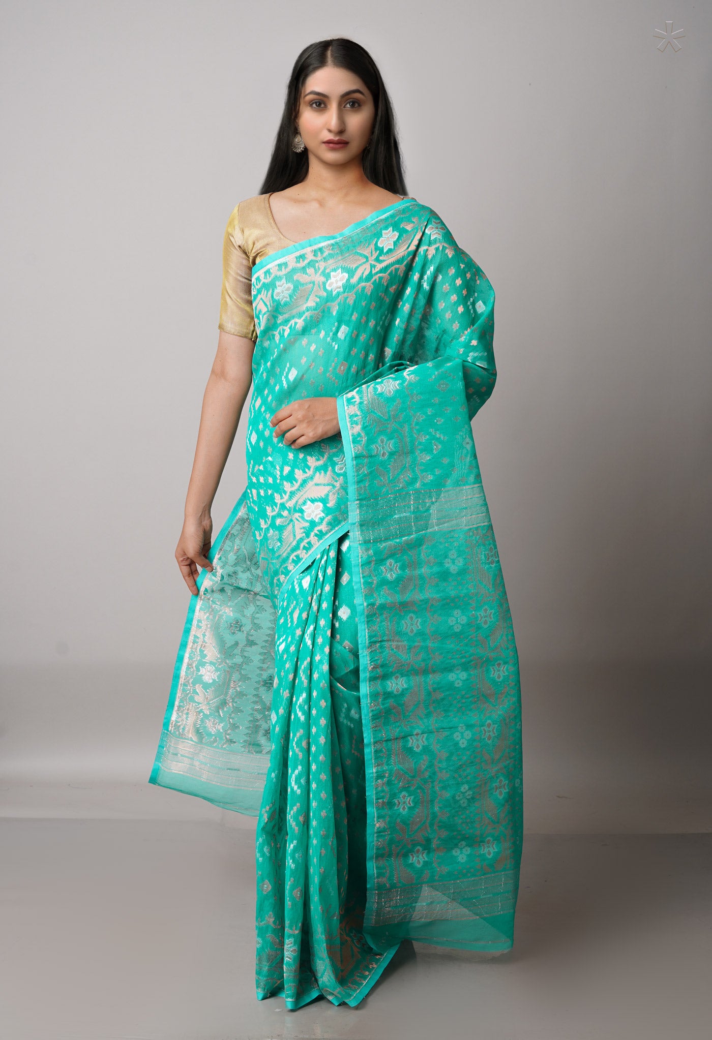 Spring Green Pure Handloom Dhaka Jamdhani Bengal Cotton Saree-UNM68786