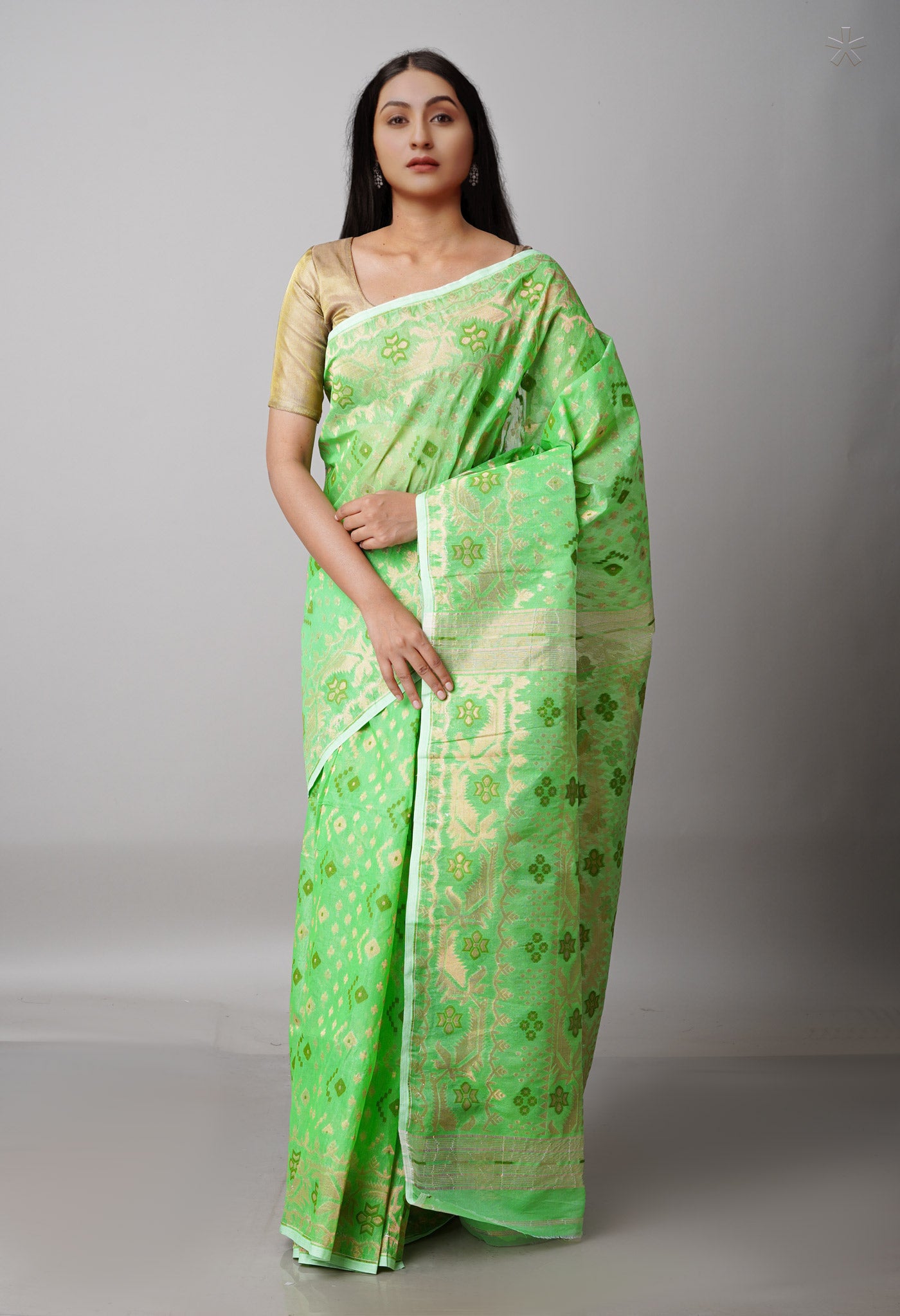 Pastel Green Pure Handloom Dhaka Jamdhani Bengal Cotton Saree-UNM68790
