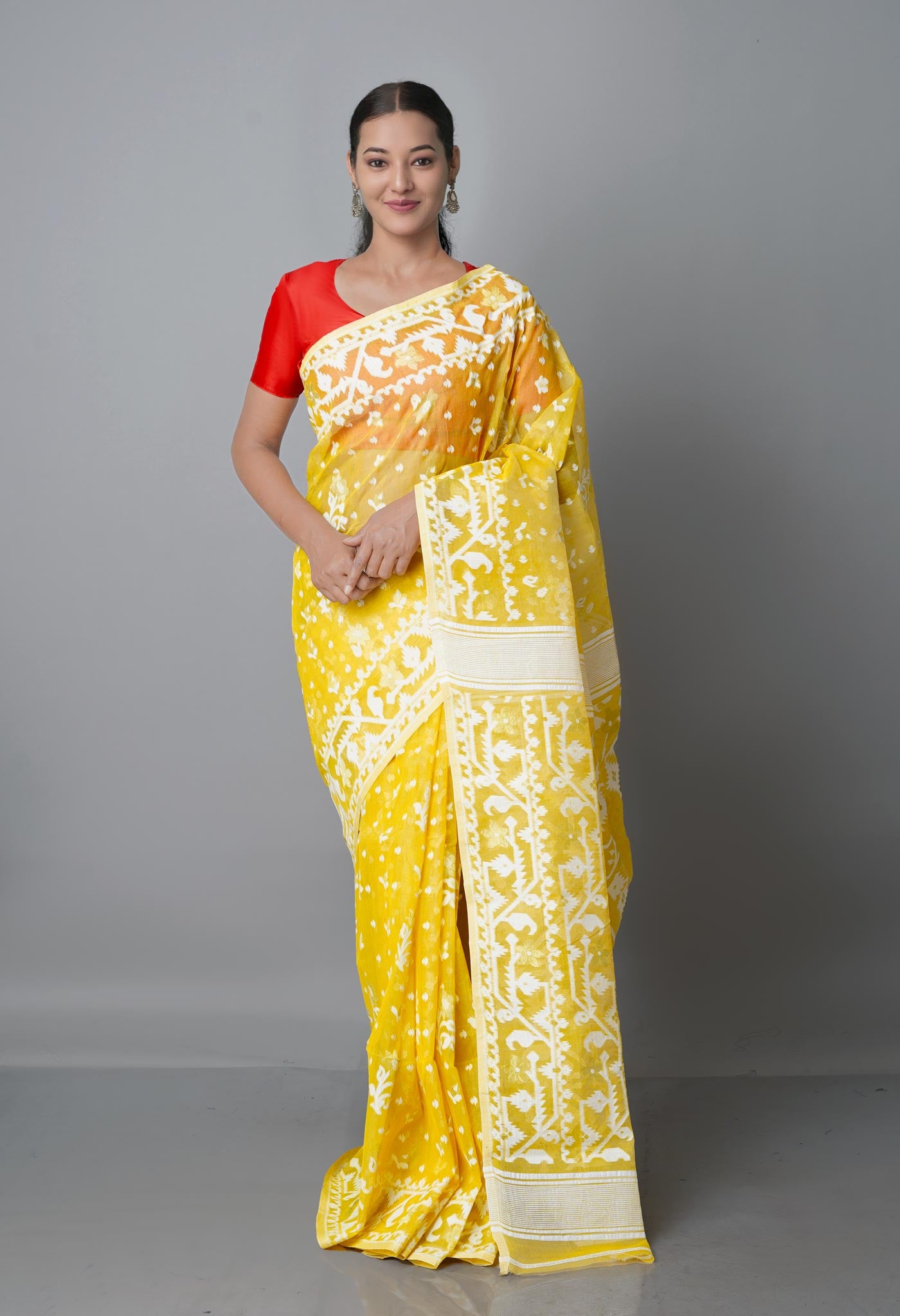 Pastel Yellow Pure Handloom Dhaka Jamdhani Bengal Cotton Saree-UNM68792