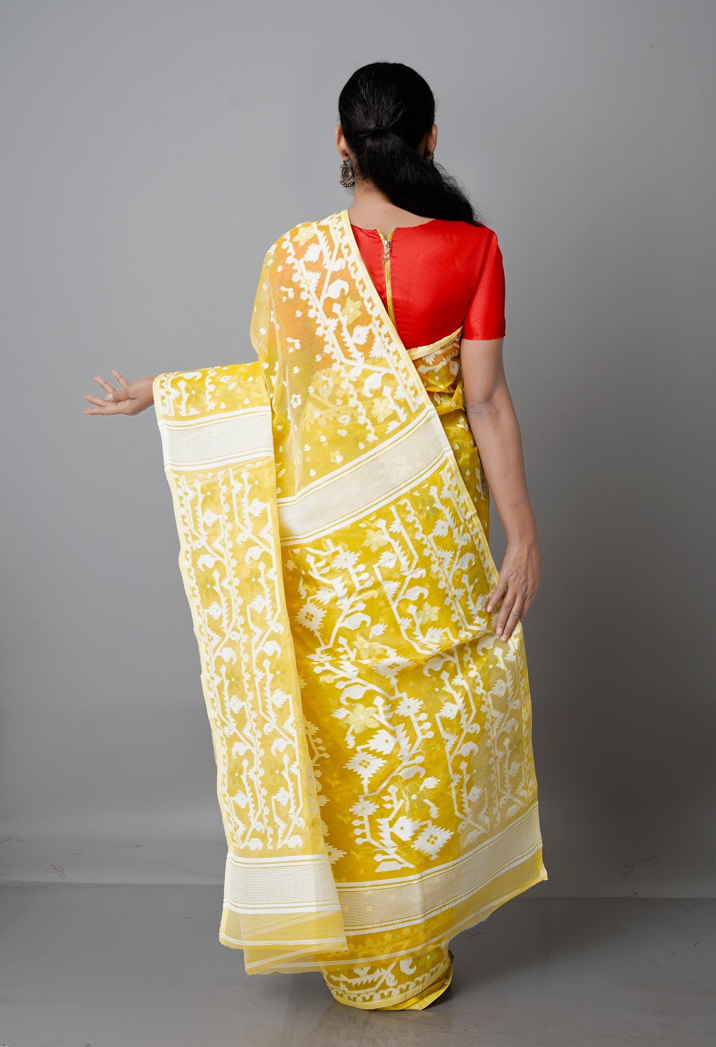 Pastel Yellow Pure Handloom Dhaka Jamdhani Bengal Cotton Saree-UNM68792