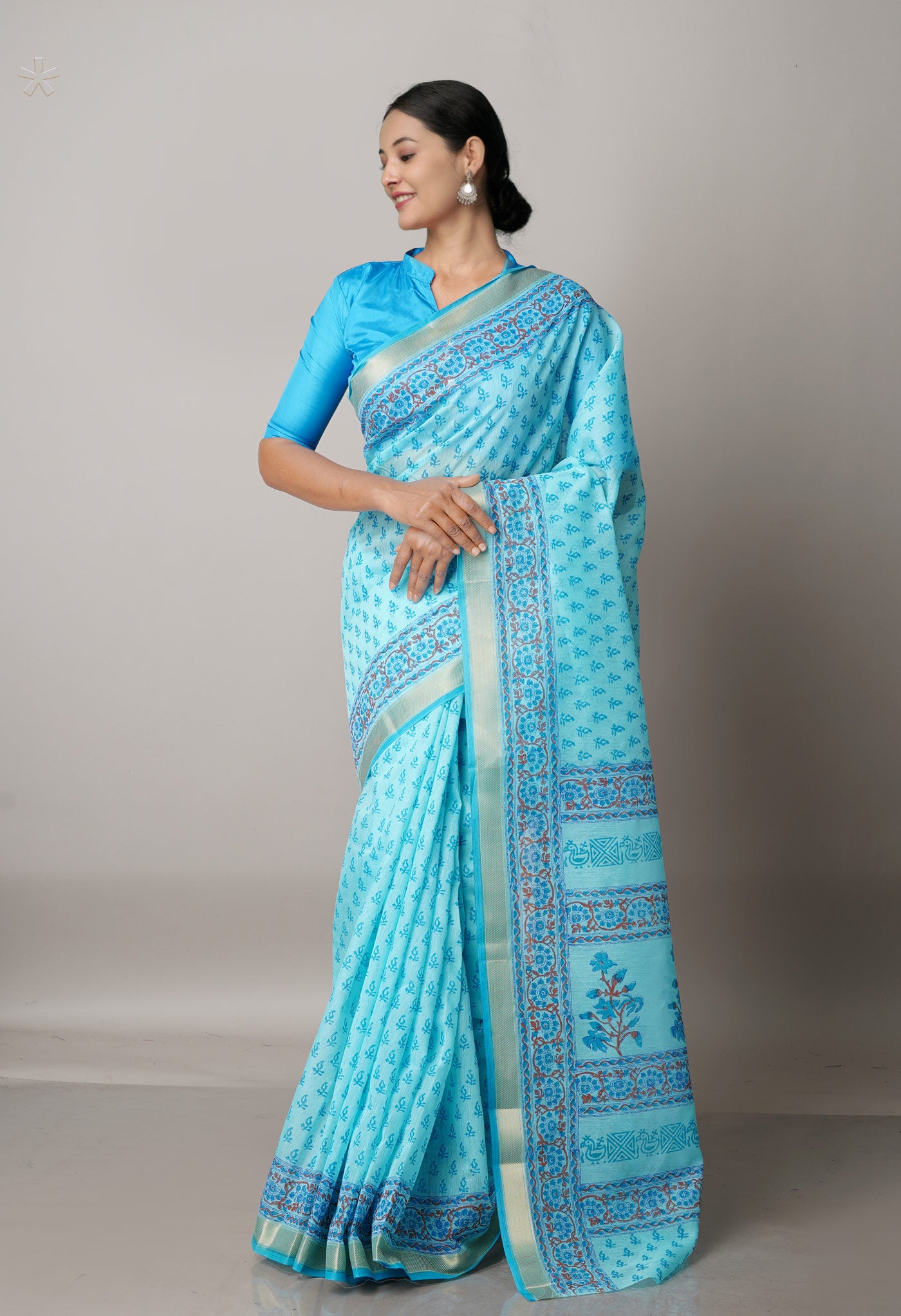 Blue  Block Printed Mangalgiri  Cotton Saree-UNM68842