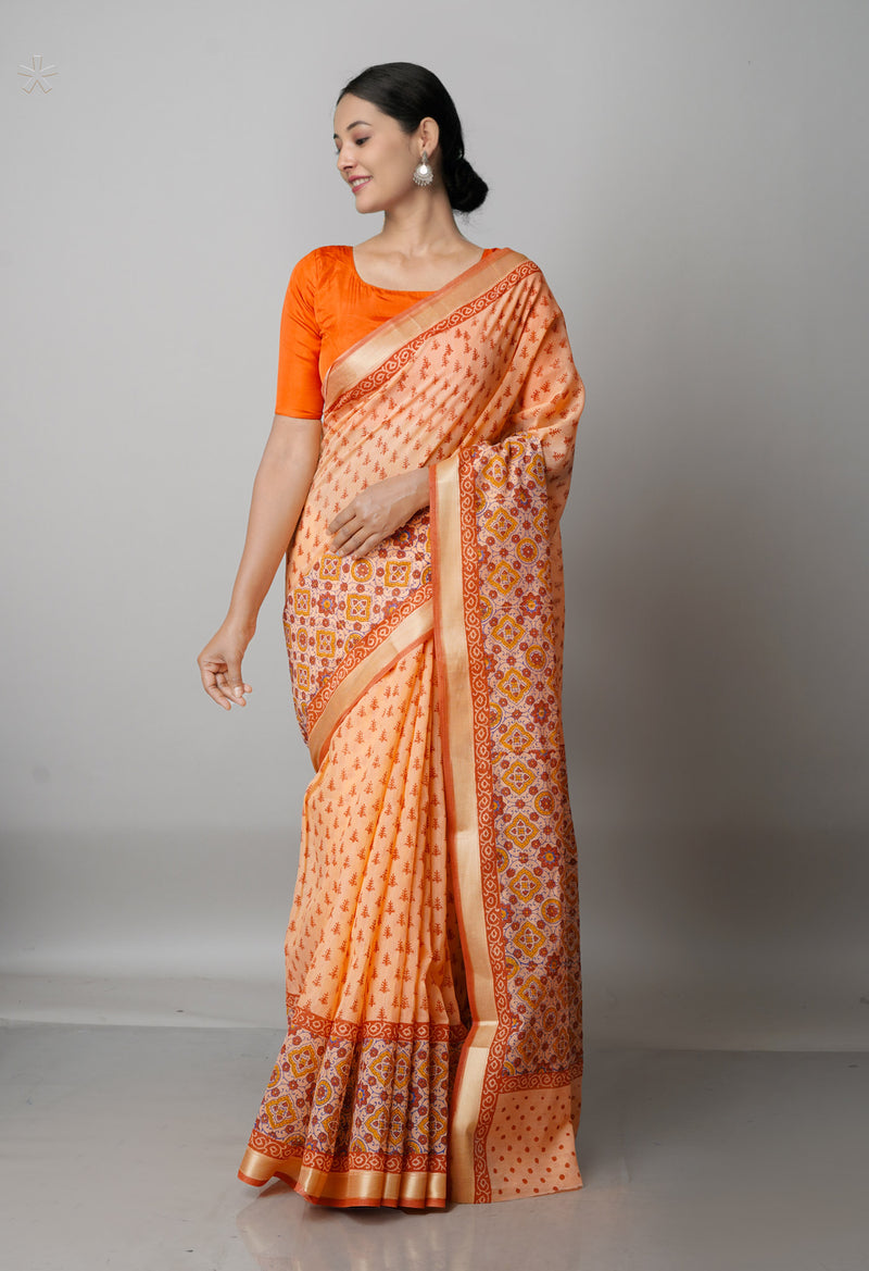 Orange  Block Printed Mangalgiri  Cotton Saree-UNM68846