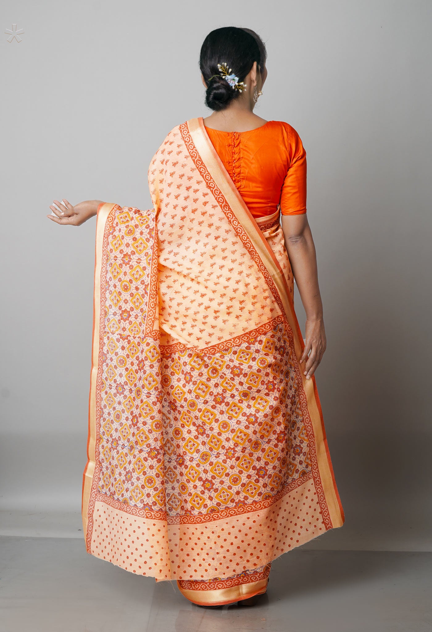 Orange  Block Printed Mangalgiri  Cotton Saree-UNM68846