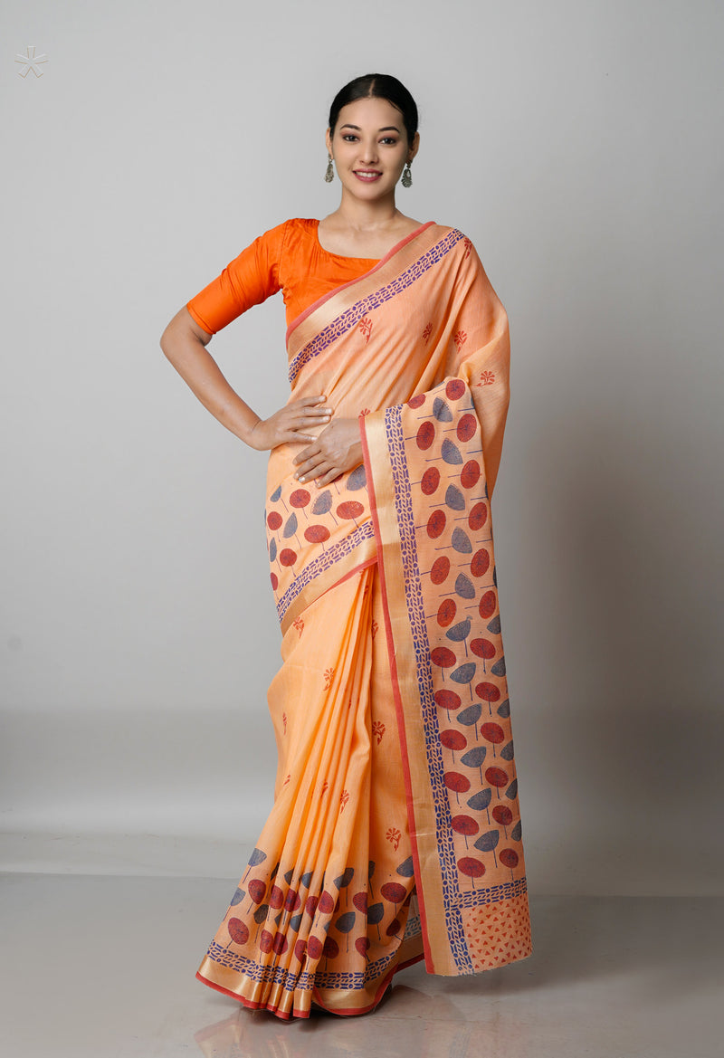 Orange  Block Printed Mangalgiri  Cotton Saree-UNM68847