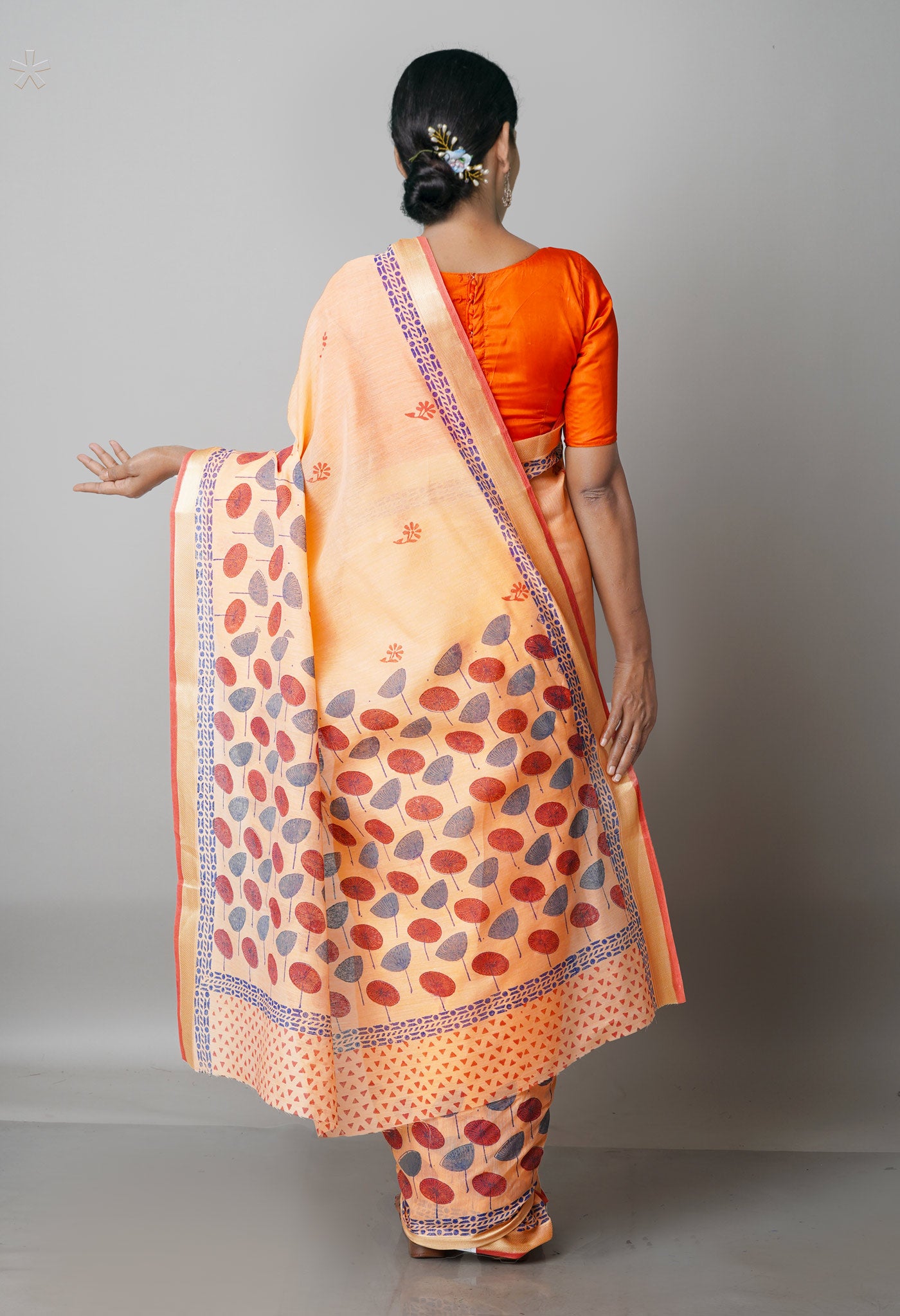 Orange  Block Printed Mangalgiri  Cotton Saree-UNM68847