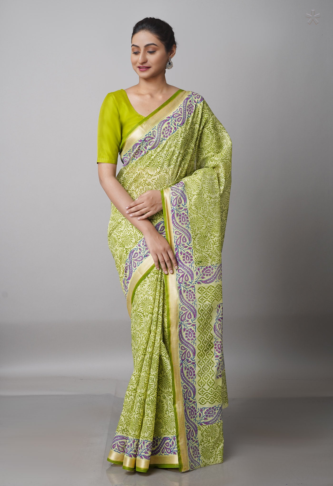Green  Block Printed Mangalgiri  Cotton Saree-UNM68850