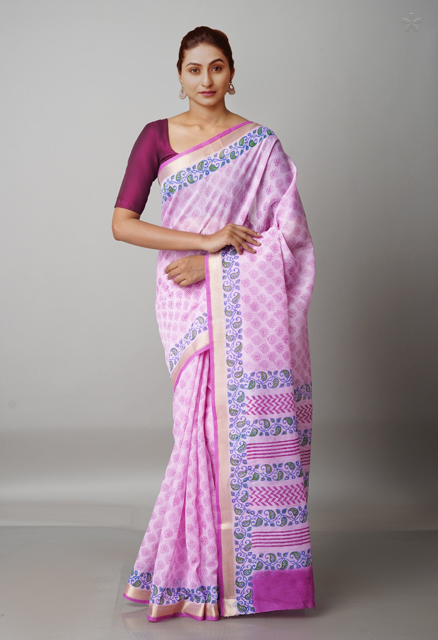 Pink  Block Printed Mangalgiri  Cotton Saree-UNM68852