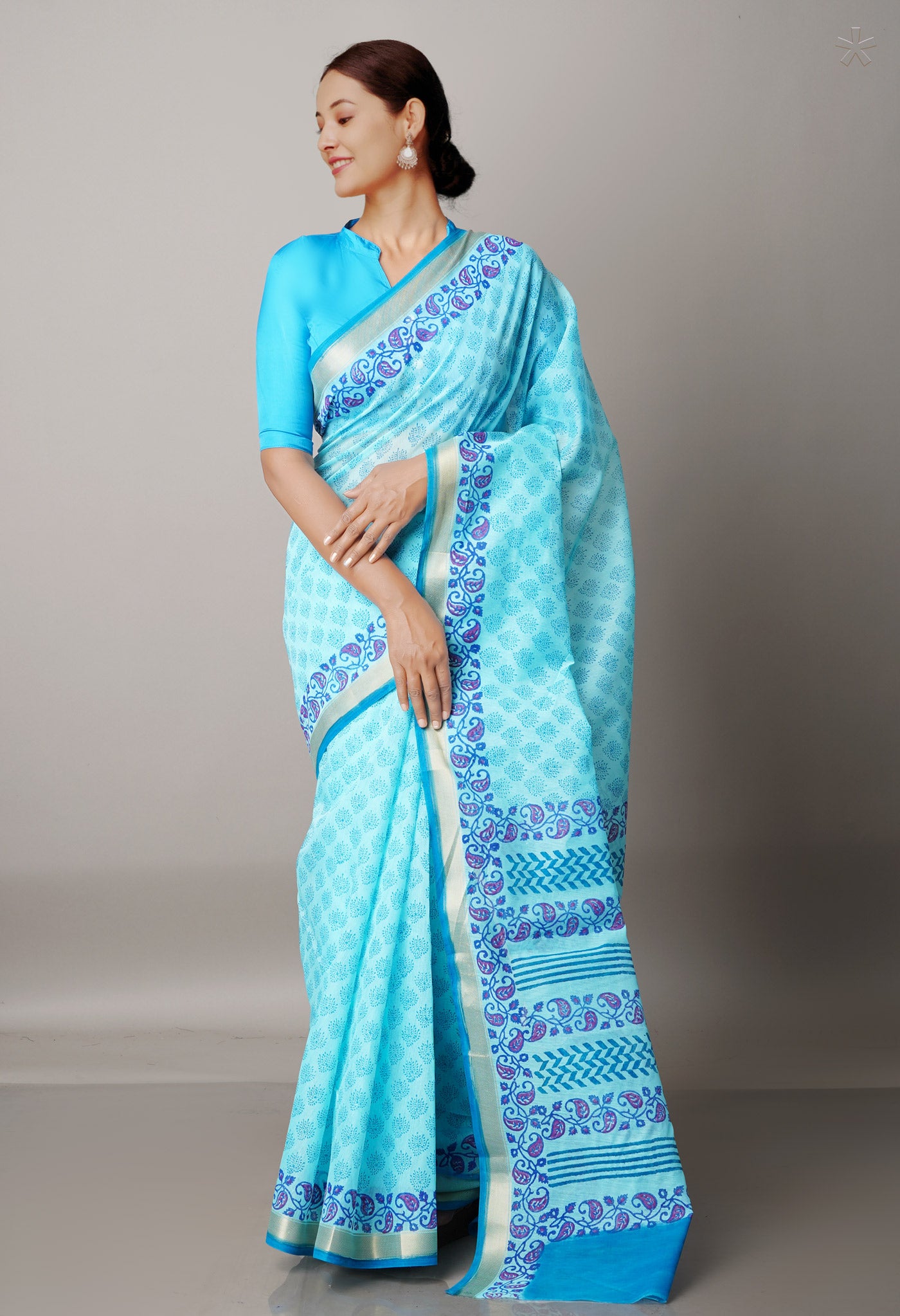 Blue  Block Printed Mangalgiri  Cotton Saree-UNM68853