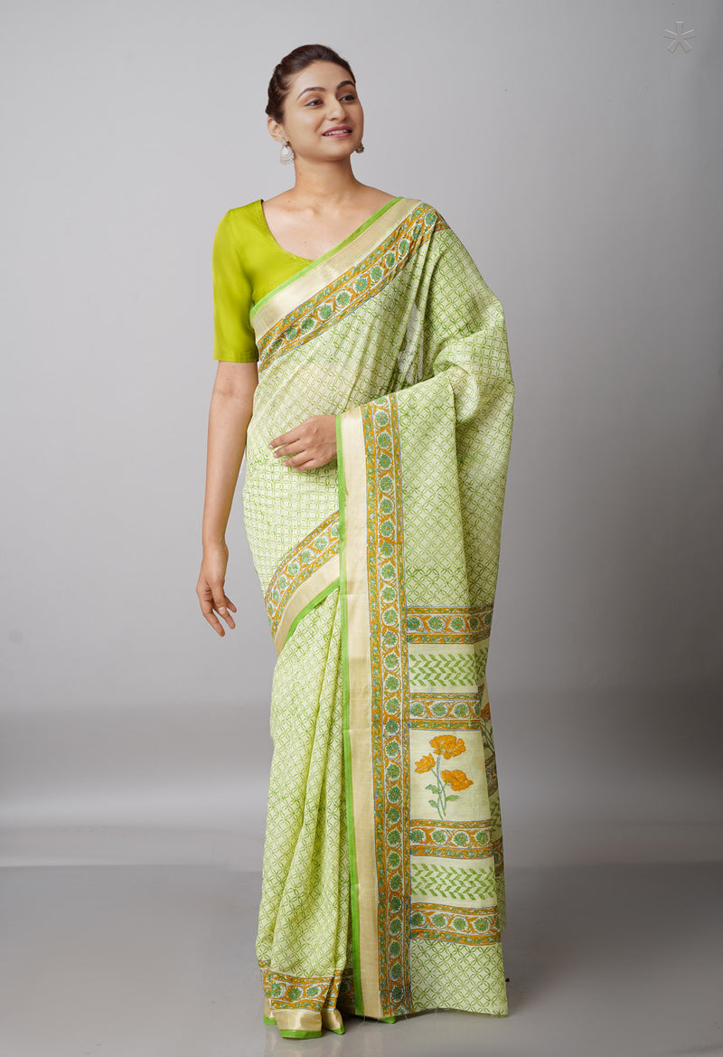 Green  Block Printed Mangalgiri  Cotton Saree-UNM68854
