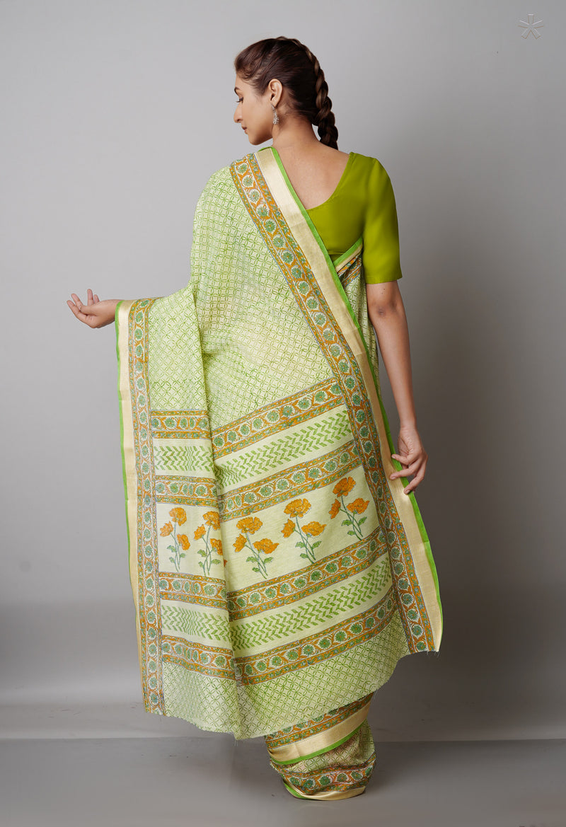 Green  Block Printed Mangalgiri  Cotton Saree-UNM68854