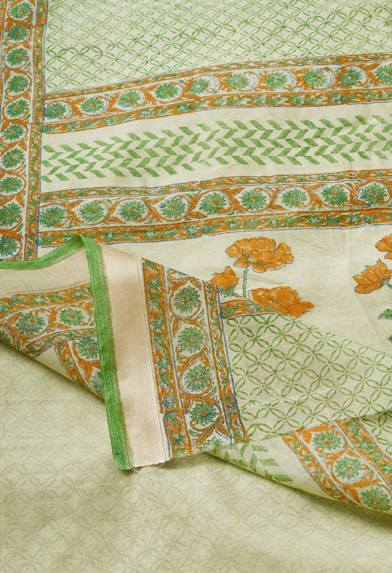 Green  Block Printed Mangalgiri  Cotton Saree-UNM68854