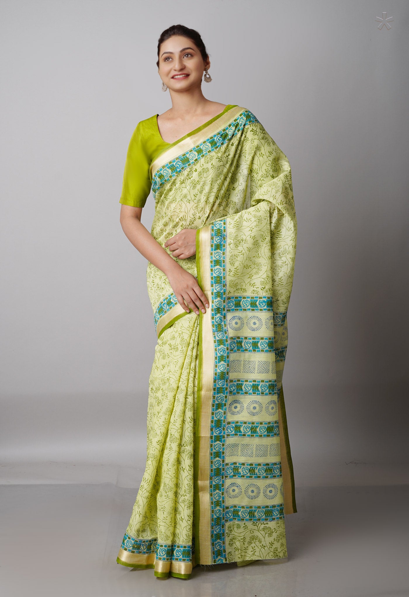 Green  Block Printed Mangalgiri  Cotton Saree-UNM68857
