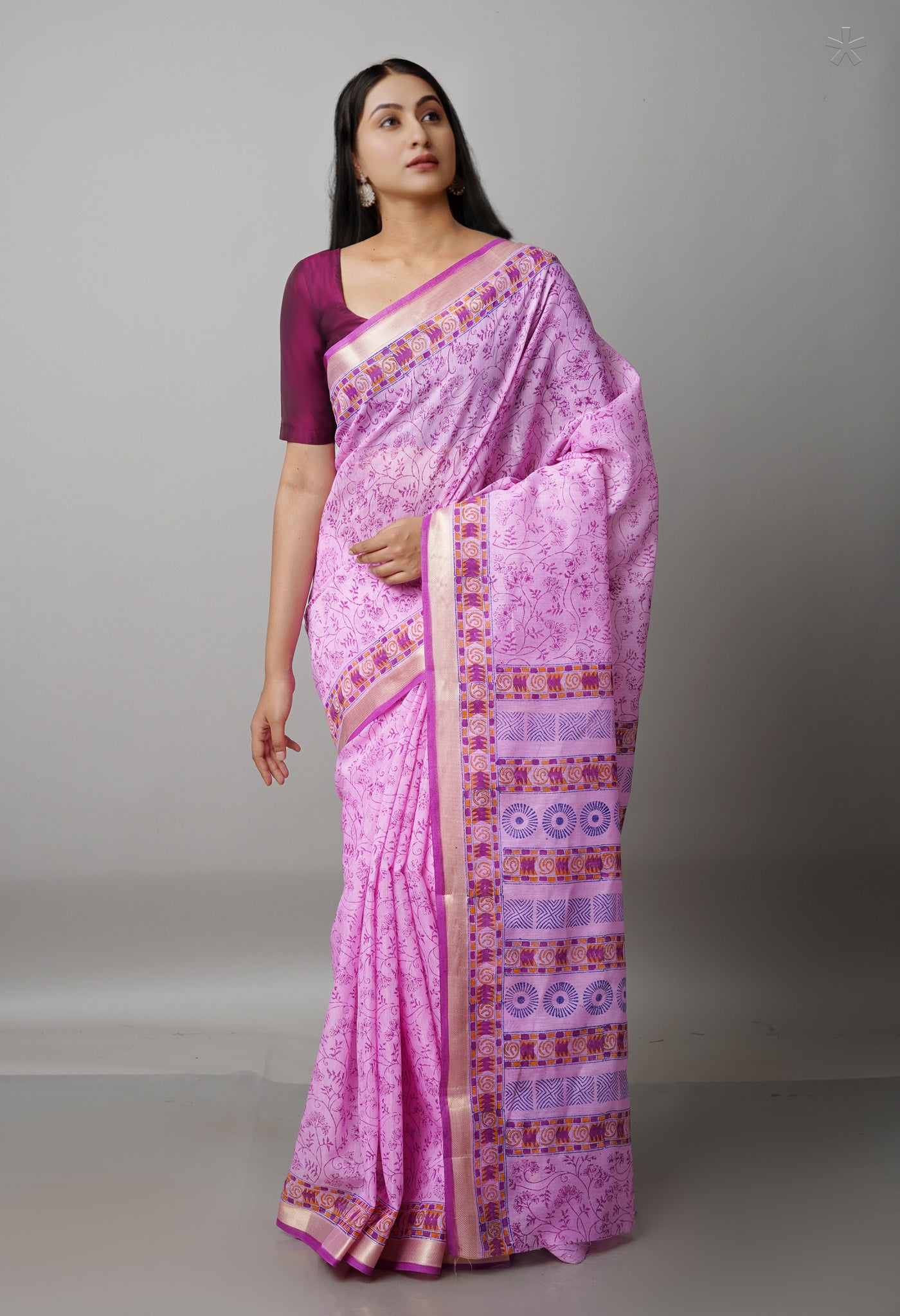 Pink  Block Printed Mangalgiri  Cotton Saree-UNM68858