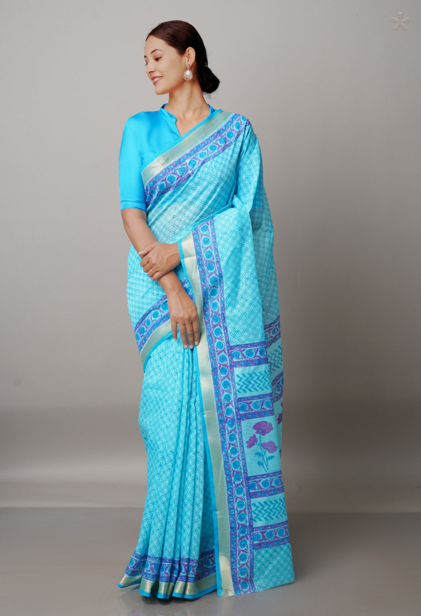 Blue  Block Printed Mangalgiri  Cotton Saree-UNM68860