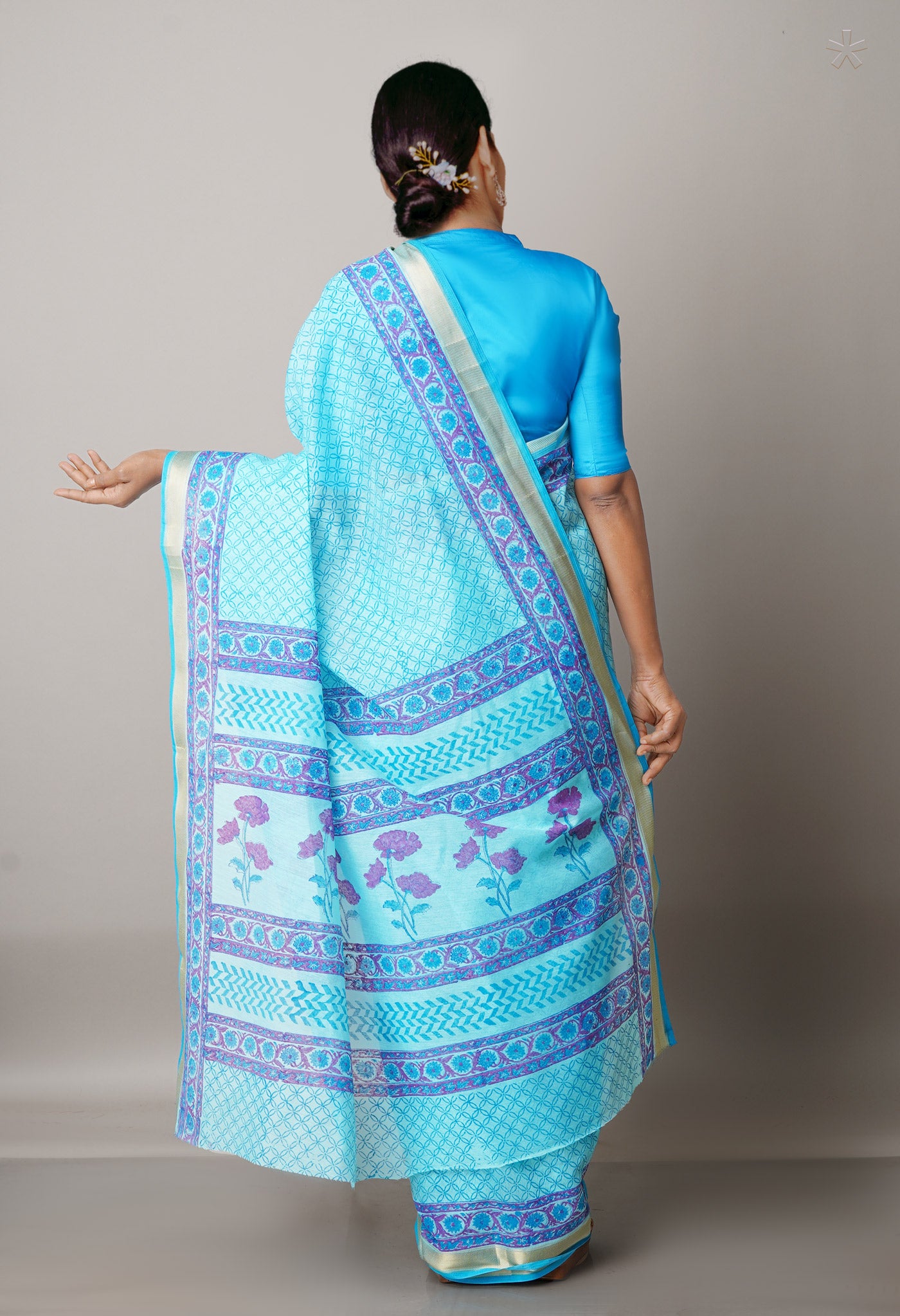 Blue  Block Printed Mangalgiri  Cotton Saree-UNM68860