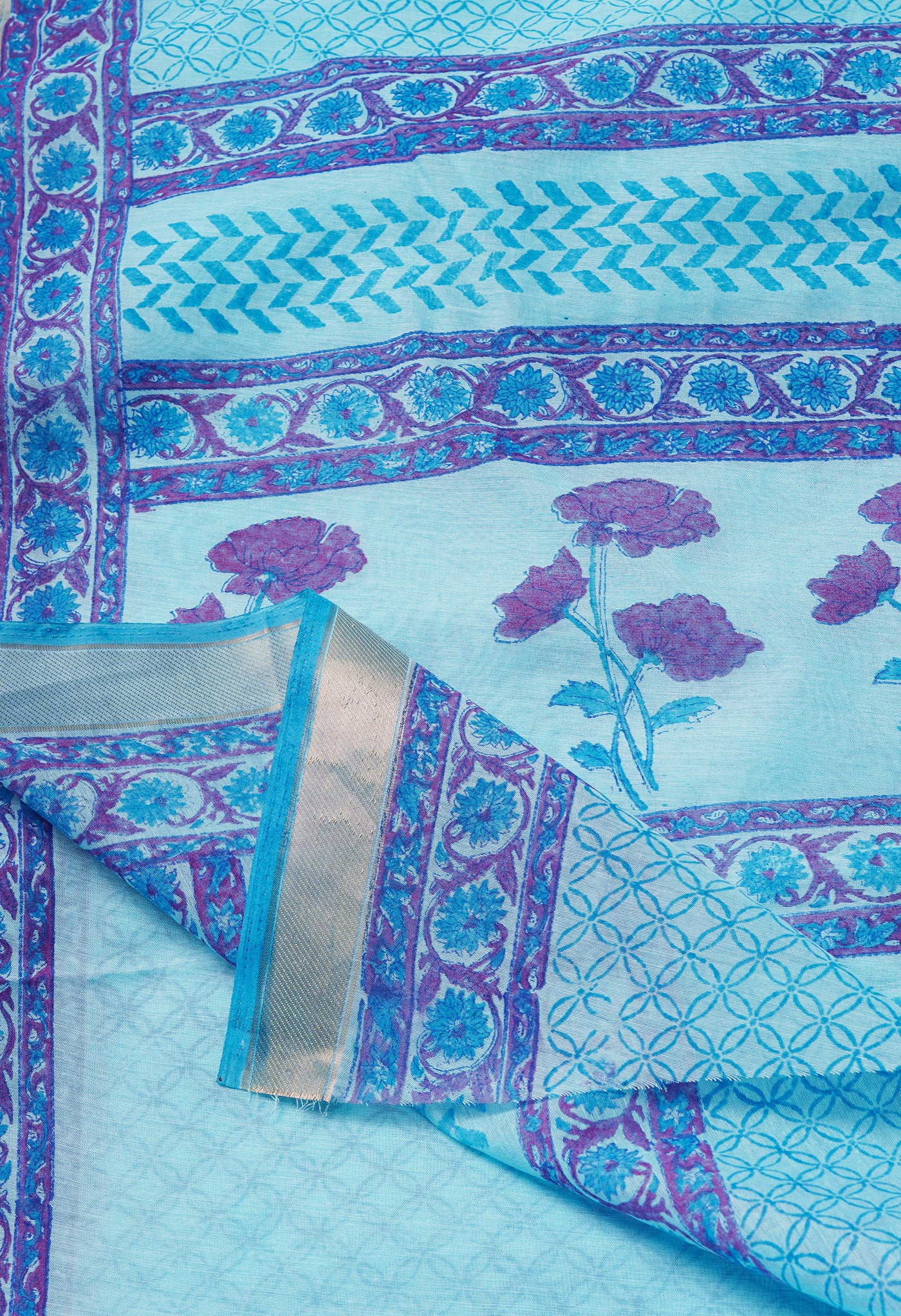 Blue  Block Printed Mangalgiri  Cotton Saree-UNM68860