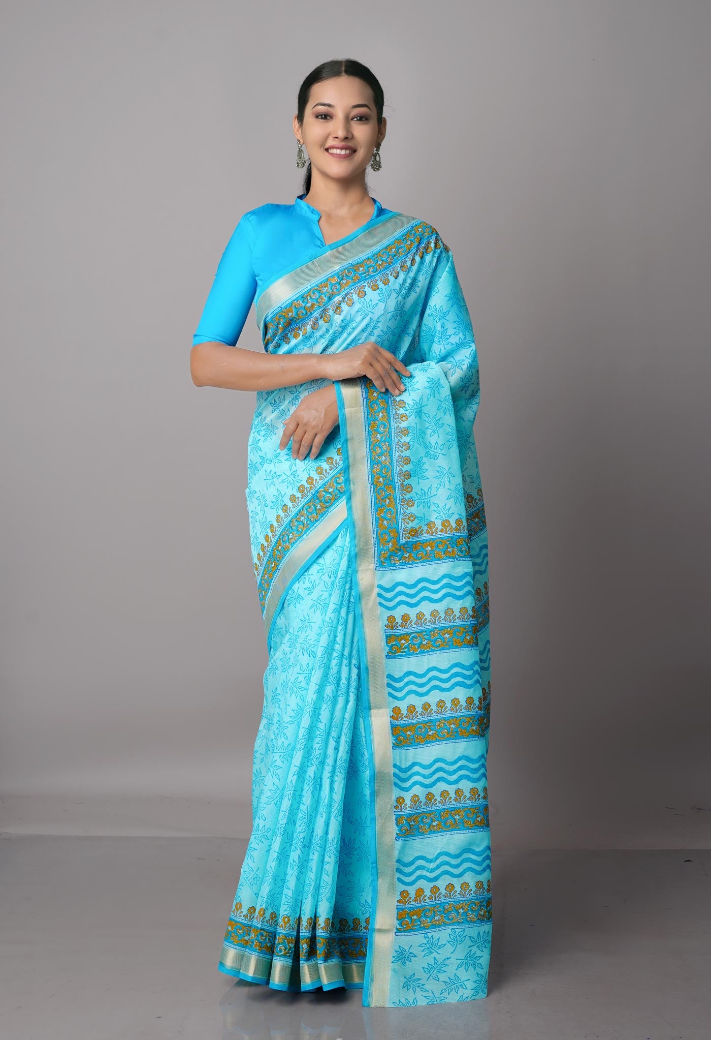 Blue  Block Printed Mangalgiri  Cotton Saree-UNM68864