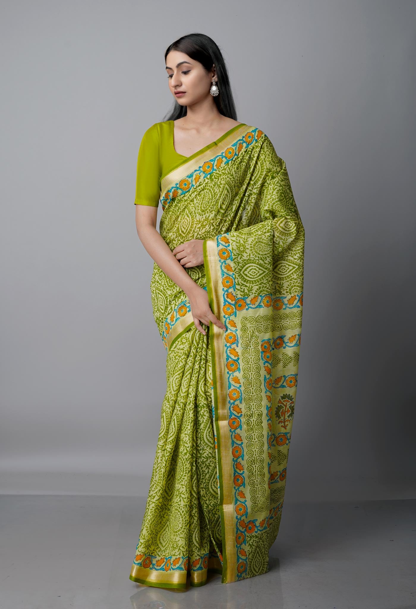Green  Block Printed Mangalgiri  Cotton Saree-UNM68865