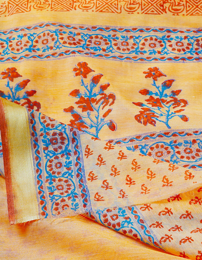 Orange  Block Printed Mangalgiri  Cotton Saree-UNM68866
