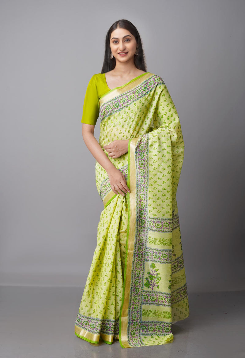 Green  Block Printed Mangalgiri  Cotton Saree-UNM68868