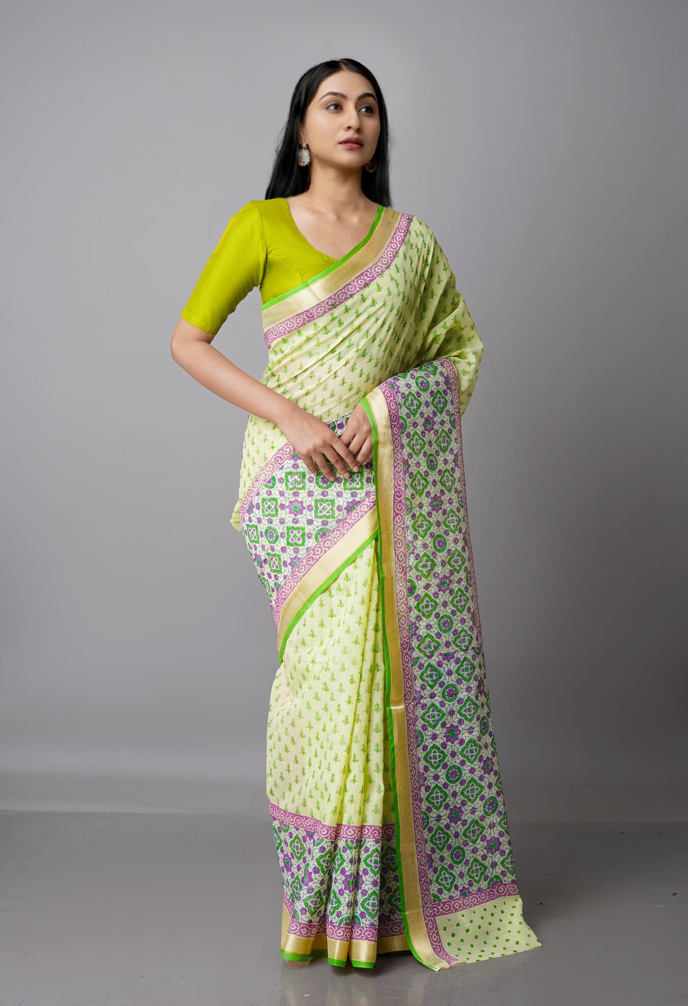 Green  Block Printed Mangalgiri  Cotton Saree-UNM68869