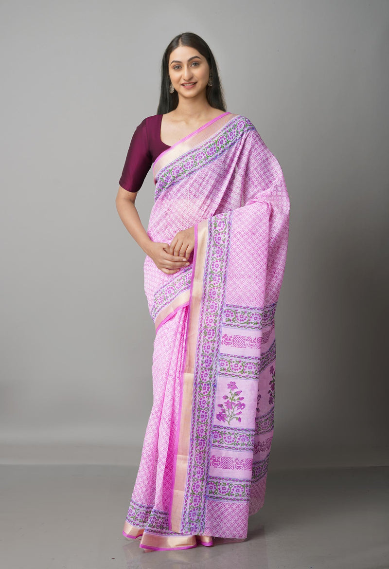 Pink  Block Printed Mangalgiri  Cotton Saree-UNM68873