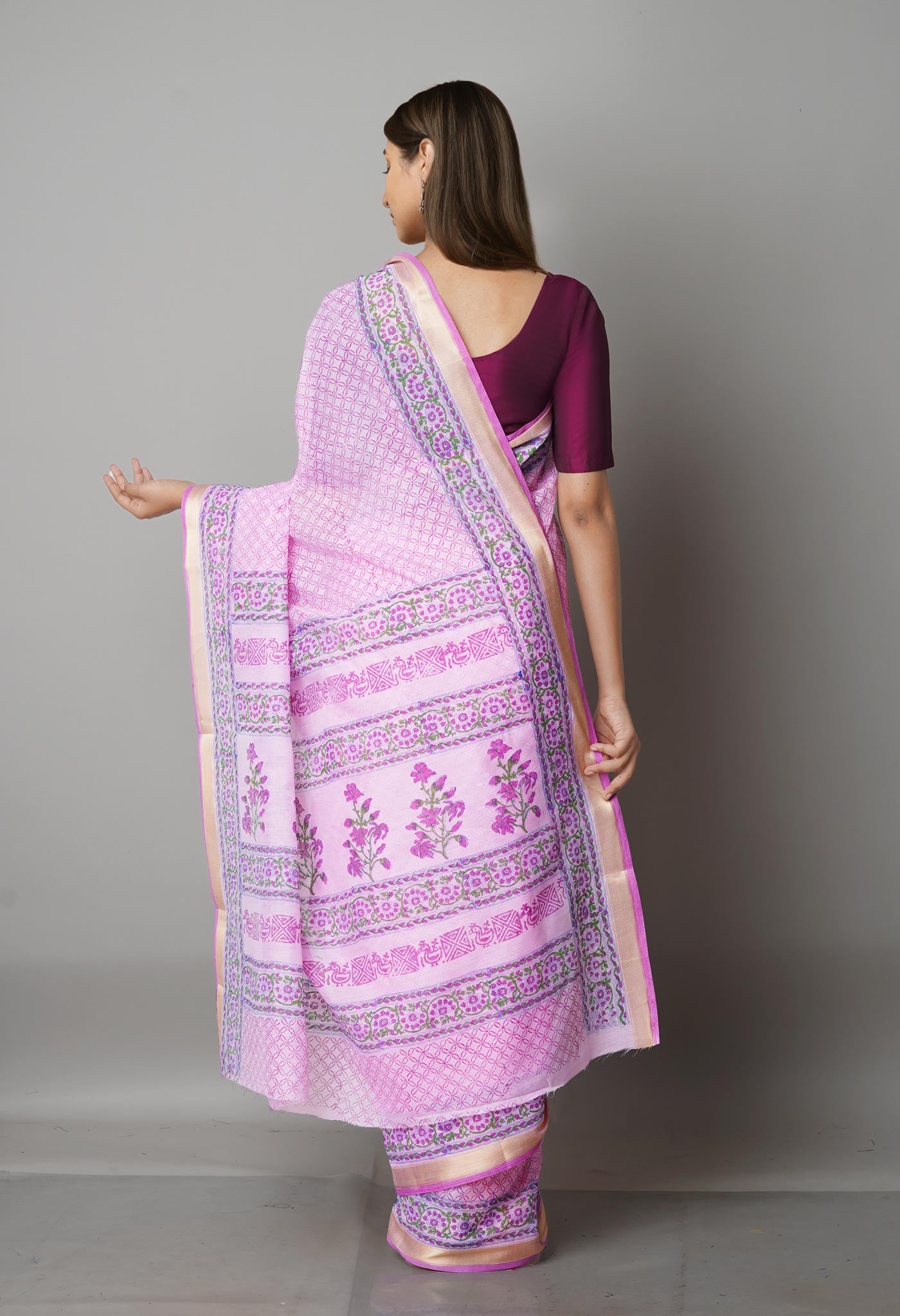 Pink  Block Printed Mangalgiri  Cotton Saree-UNM68873