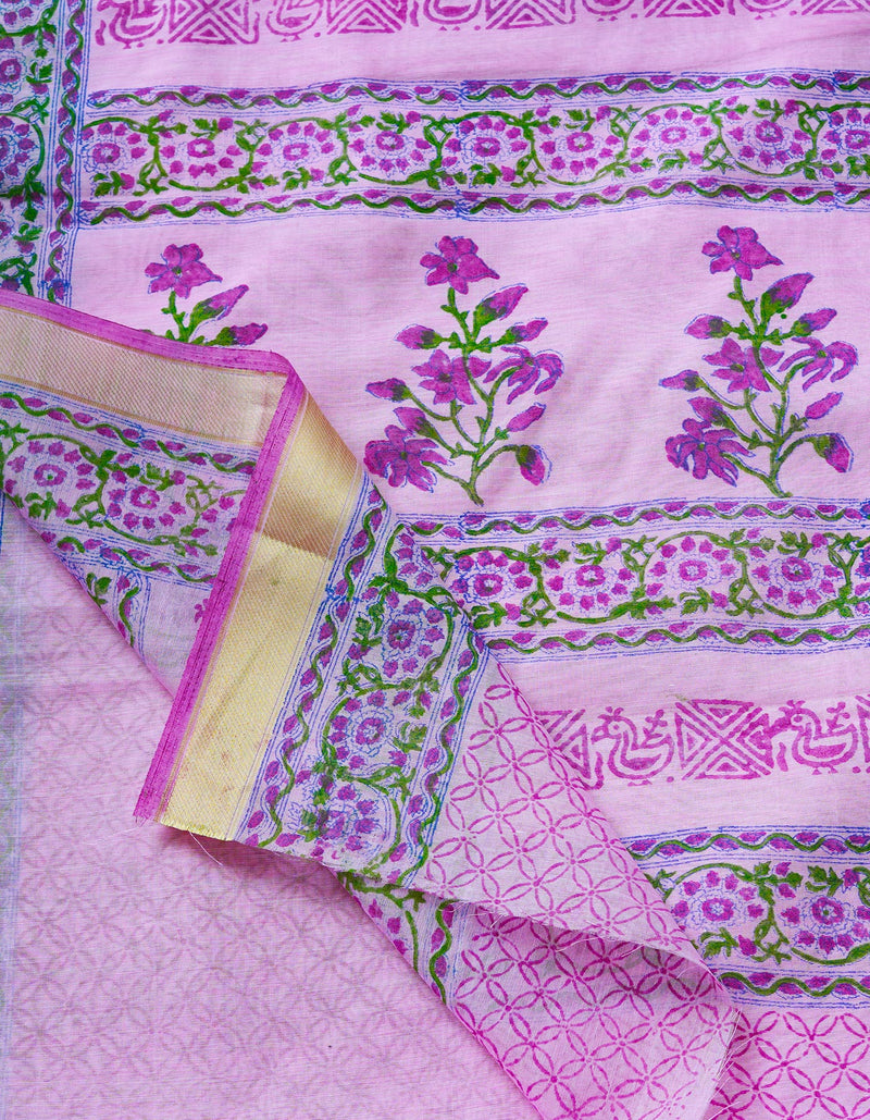 Pink  Block Printed Mangalgiri  Cotton Saree-UNM68873