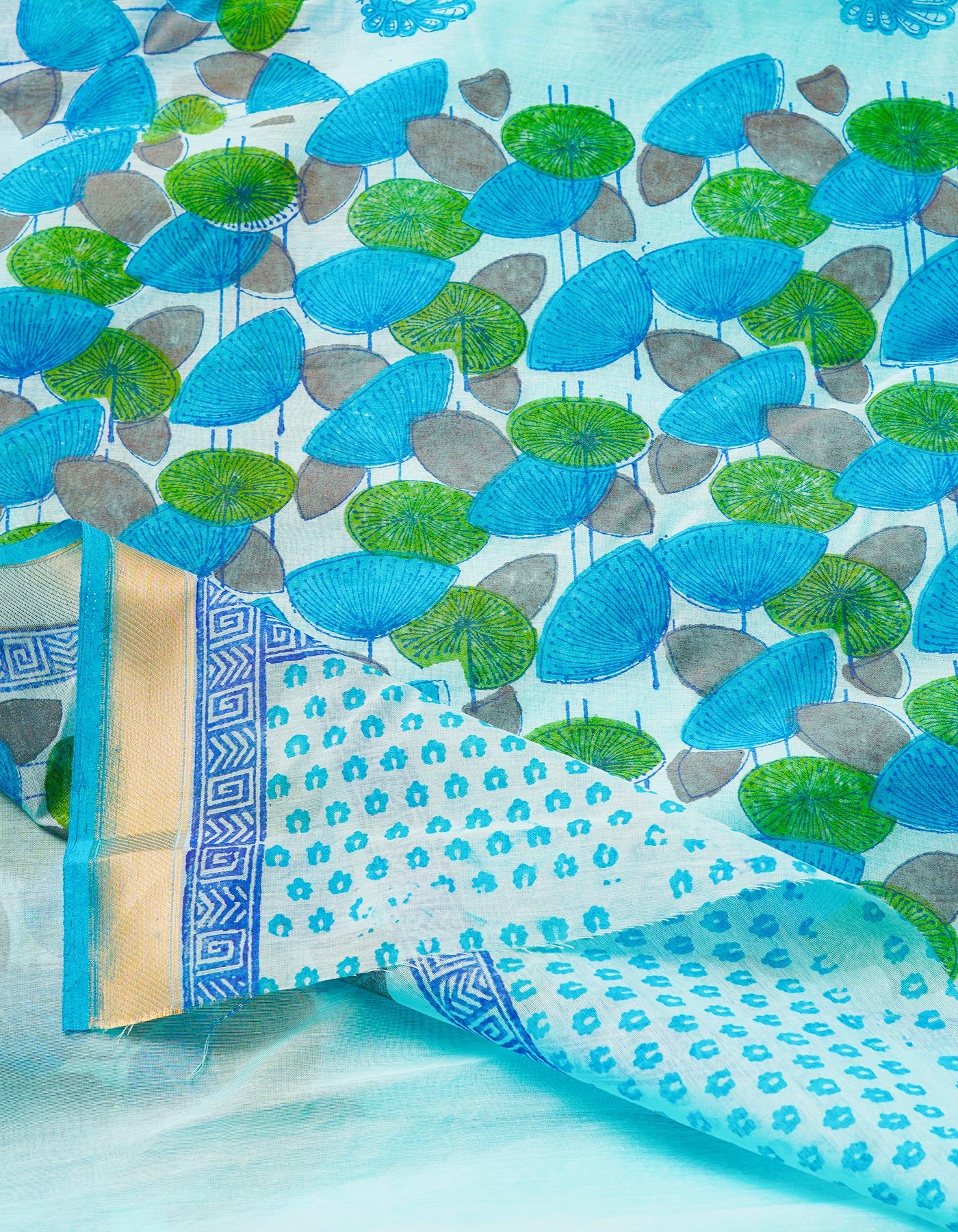 Blue  Block Printed Mangalgiri  Cotton Saree-UNM68874