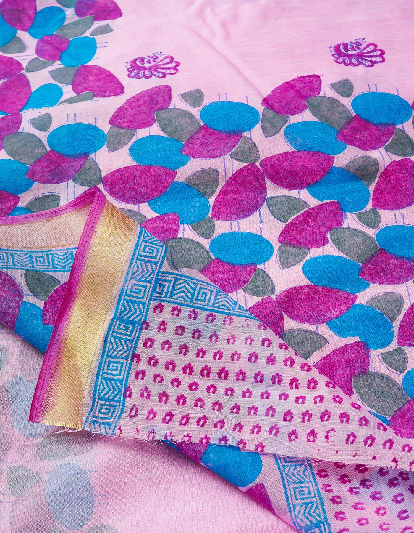 Pink  Block Printed Mangalgiri  Cotton Saree-UNM68875
