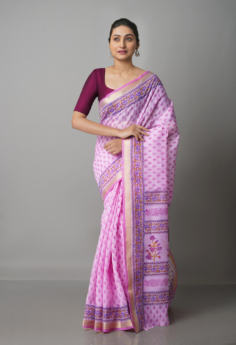 Pink  Block Printed Mangalgiri  Cotton Saree-UNM68876