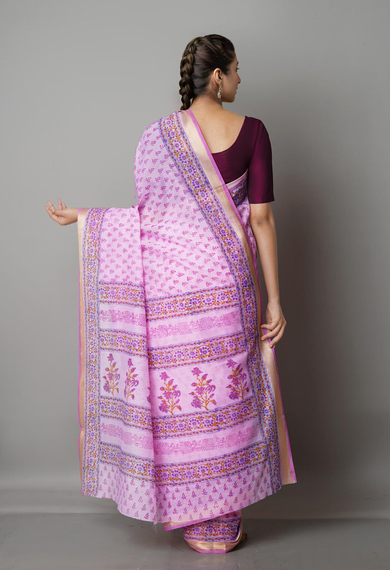 Pink  Block Printed Mangalgiri  Cotton Saree-UNM68876
