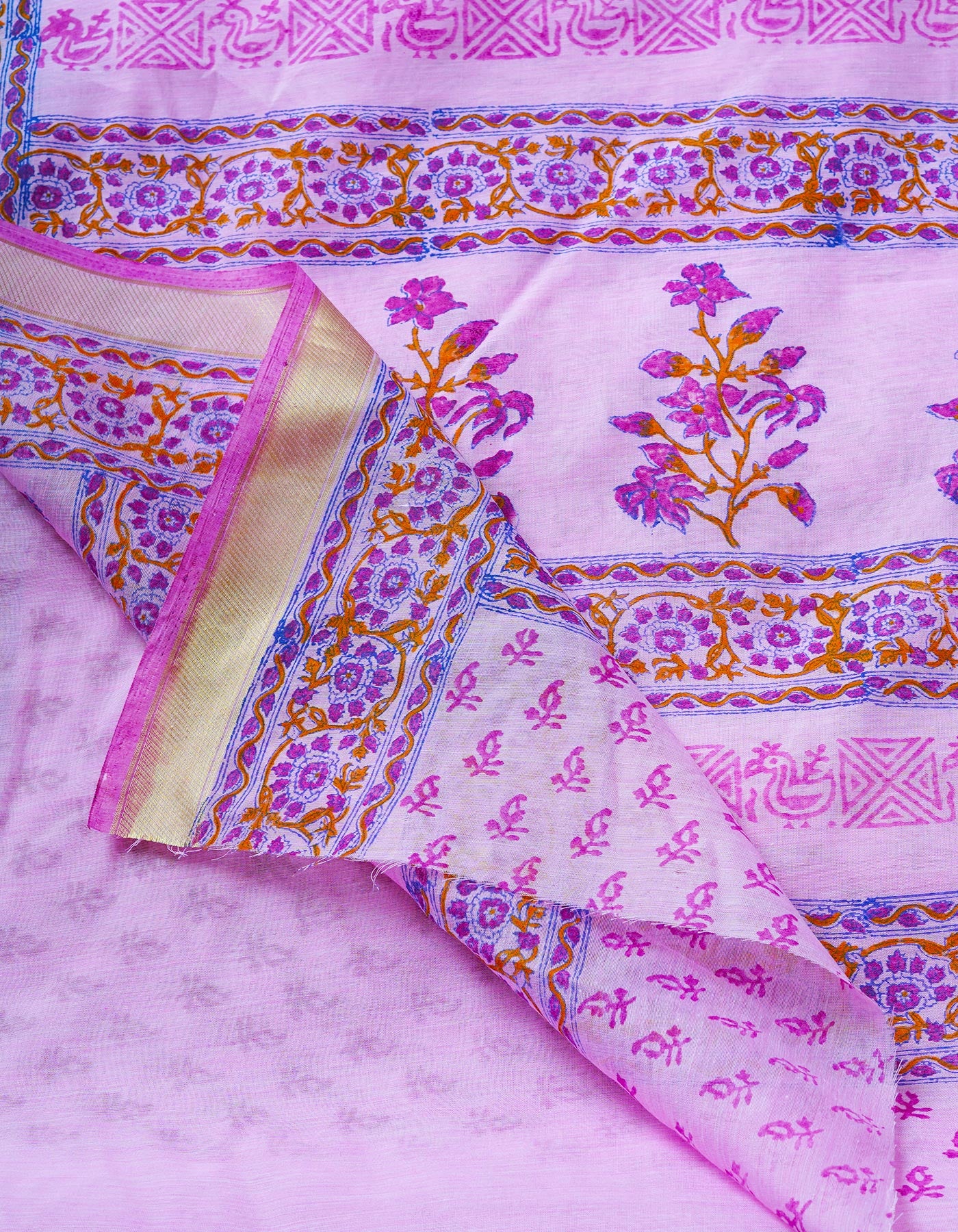 Pink  Block Printed Mangalgiri  Cotton Saree-UNM68876