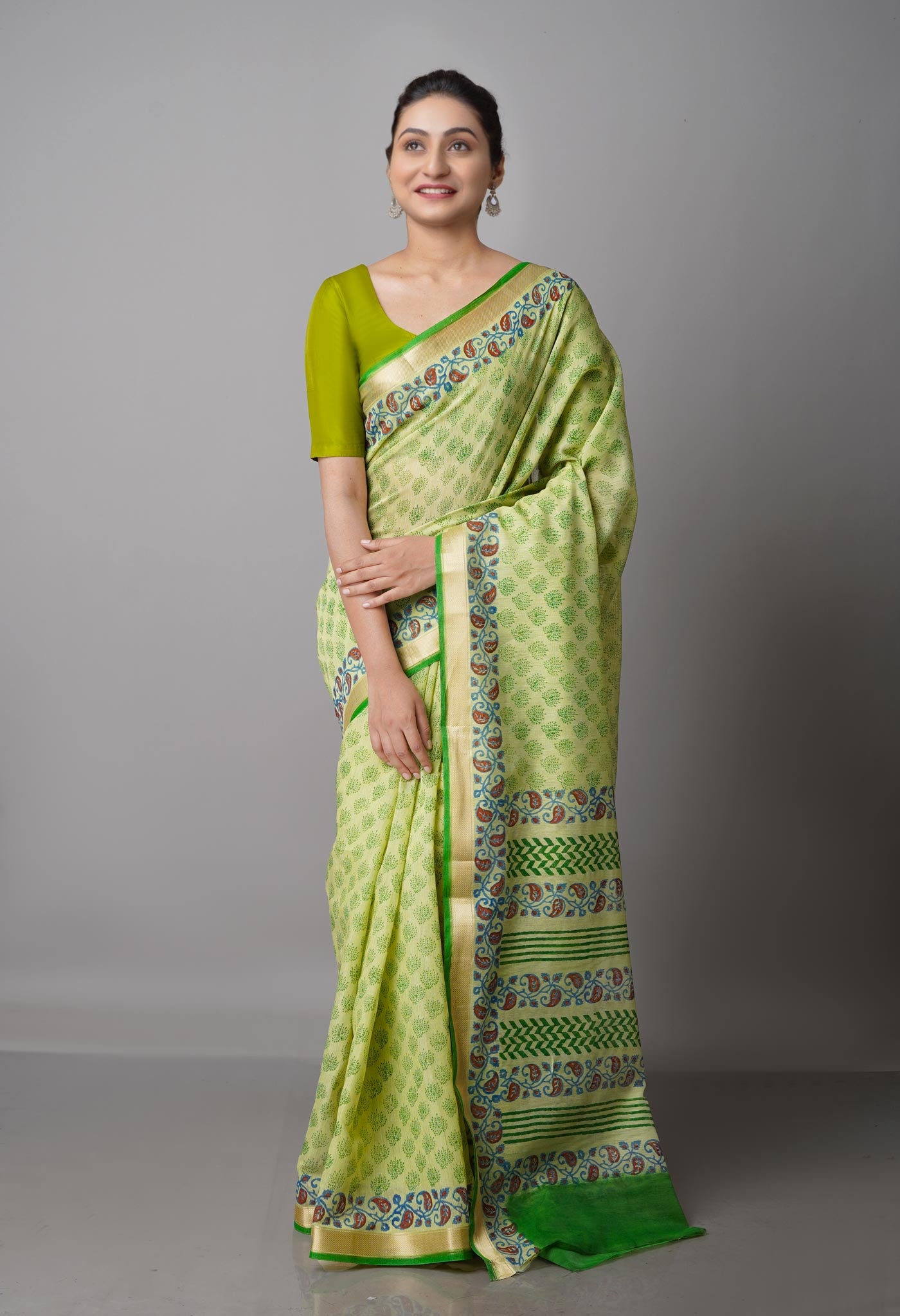 Green  Block Printed Mangalgiri  Cotton Saree-UNM68877