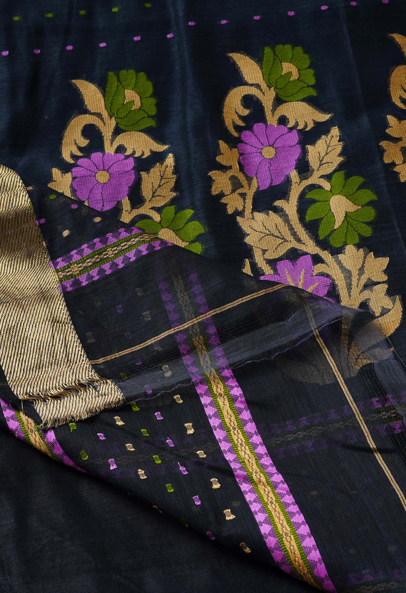Grey Pure Handloom Dhaka Jamdhani Bengal Cotton Silk Saree