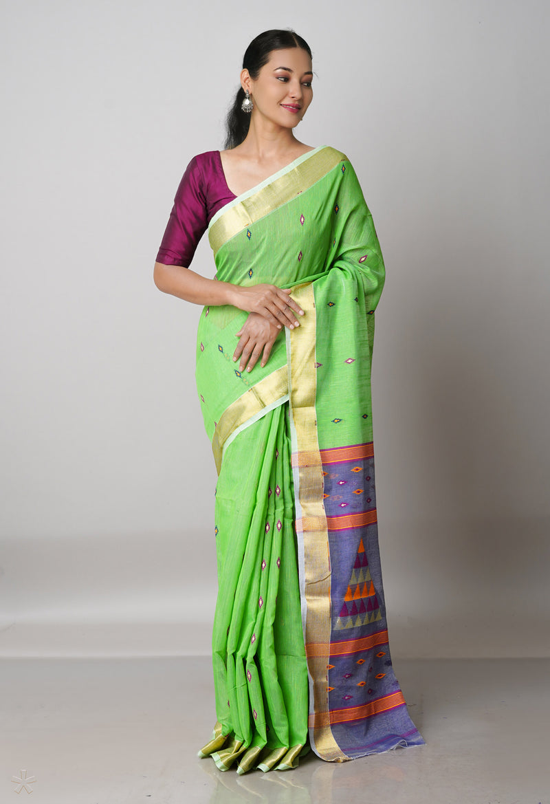 Blueish Grey Pure Handloom Dhaka Jamdhani Bengal Cotton Silk Saree-UNM68886