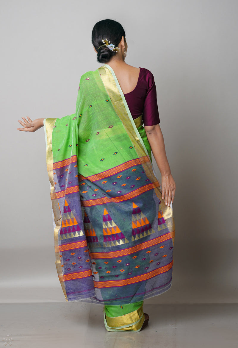 Blueish Grey Pure Handloom Dhaka Jamdhani Bengal Cotton Silk Saree-UNM68886