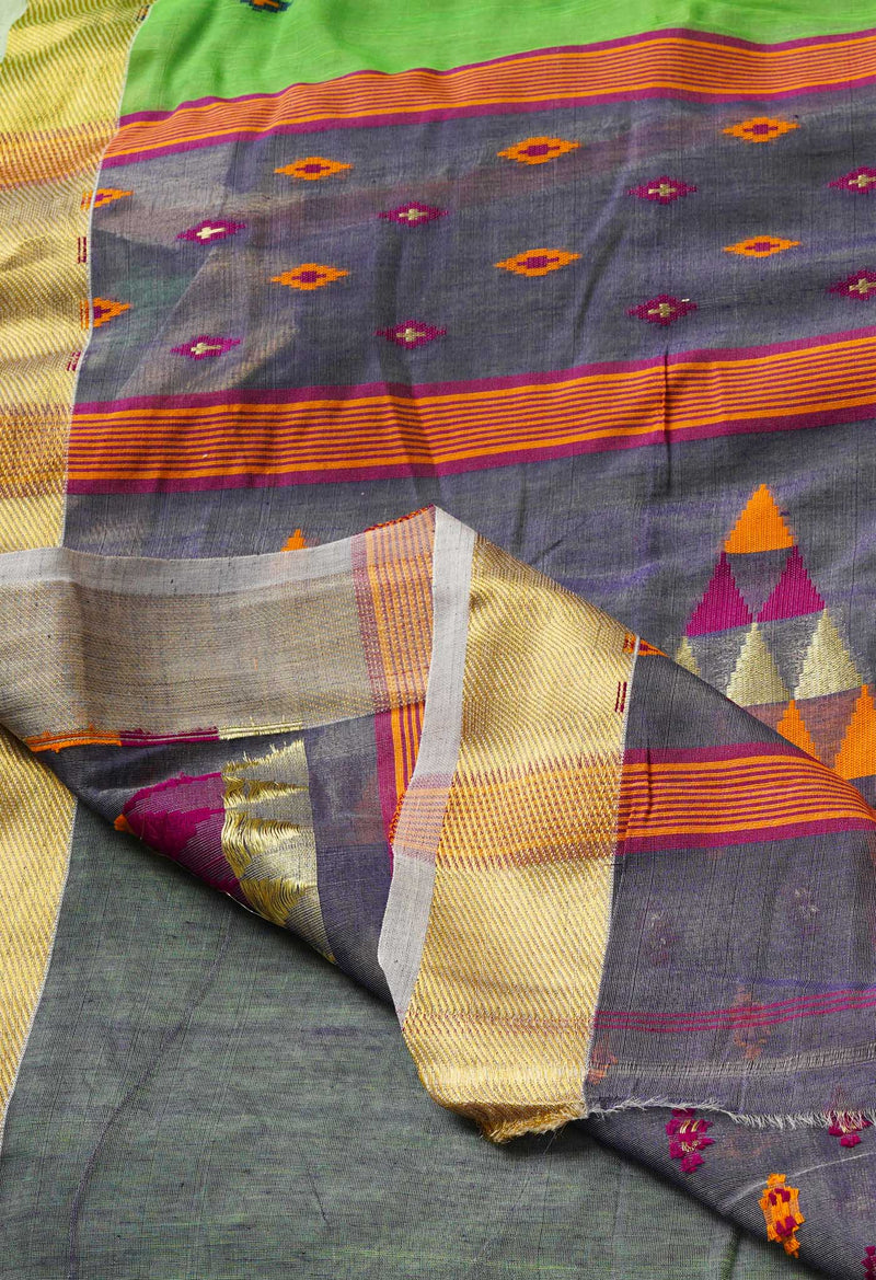 Blueish Grey Pure Handloom Dhaka Jamdhani Bengal Cotton Silk Saree-UNM68886