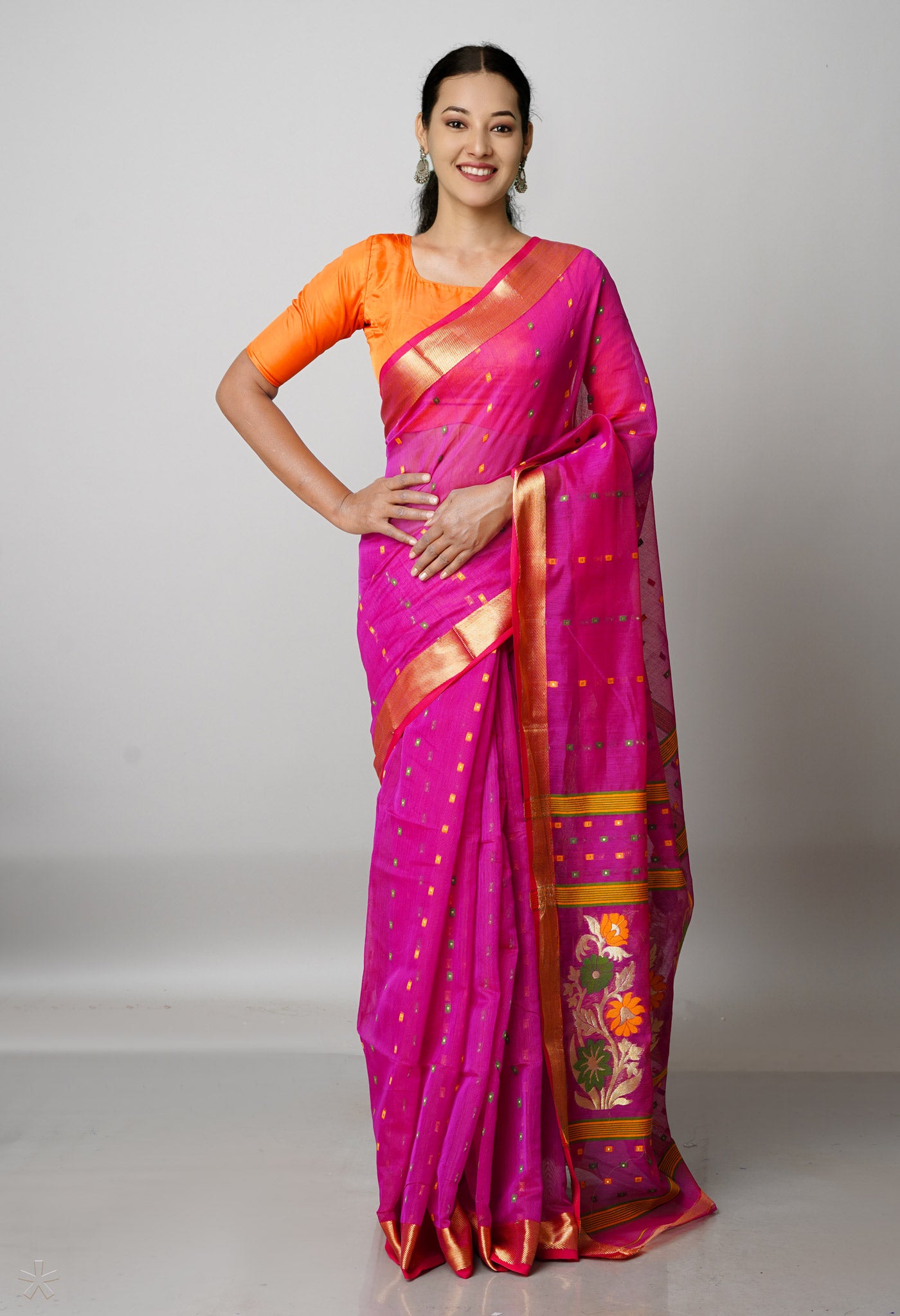 Pink Pure Handloom Dhaka Jamdhani Bengal Cotton Silk Saree