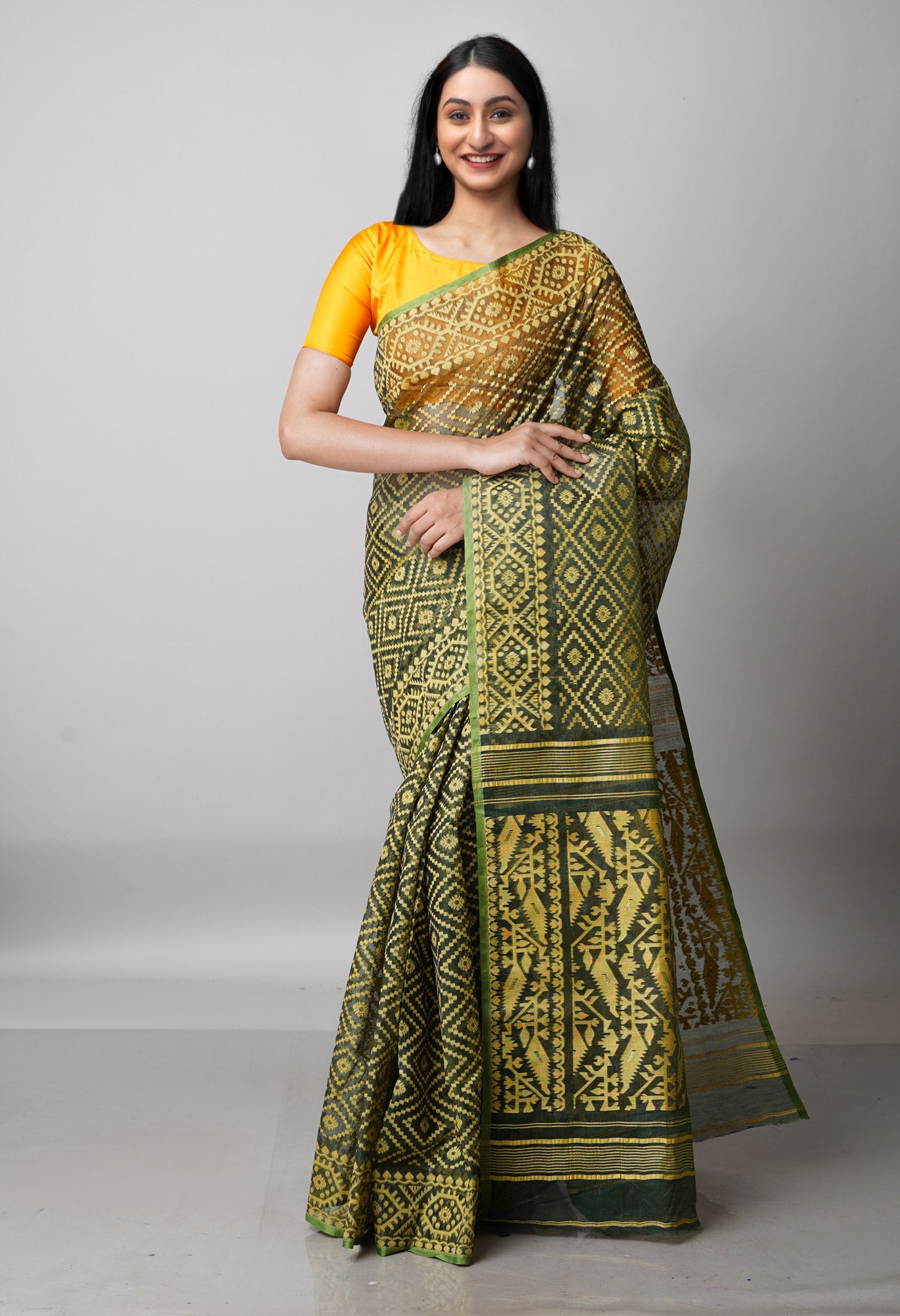 Dark Green Pure Handloom Dhaka Jamdhani Bengal Cotton Saree-UNM68893