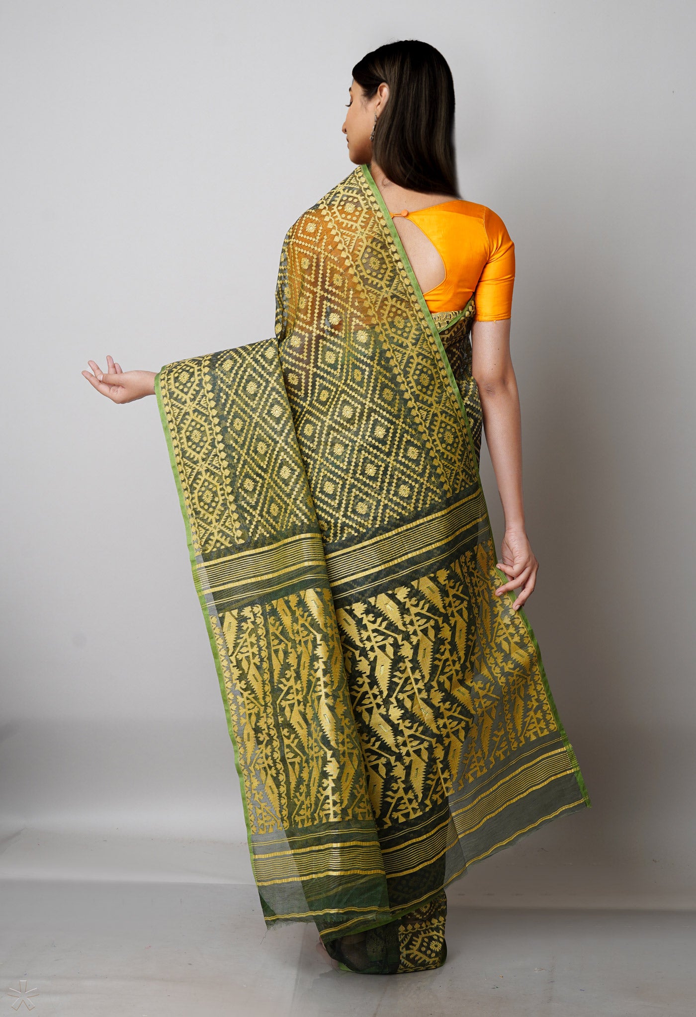 Dark Green Pure Handloom Dhaka Jamdhani Bengal Cotton Saree-UNM68893