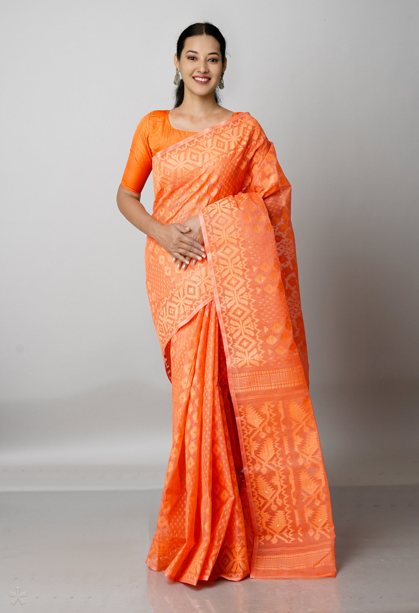 Orange Pure Handloom Dhaka Jamdhani Bengal Cotton Saree-UNM68896