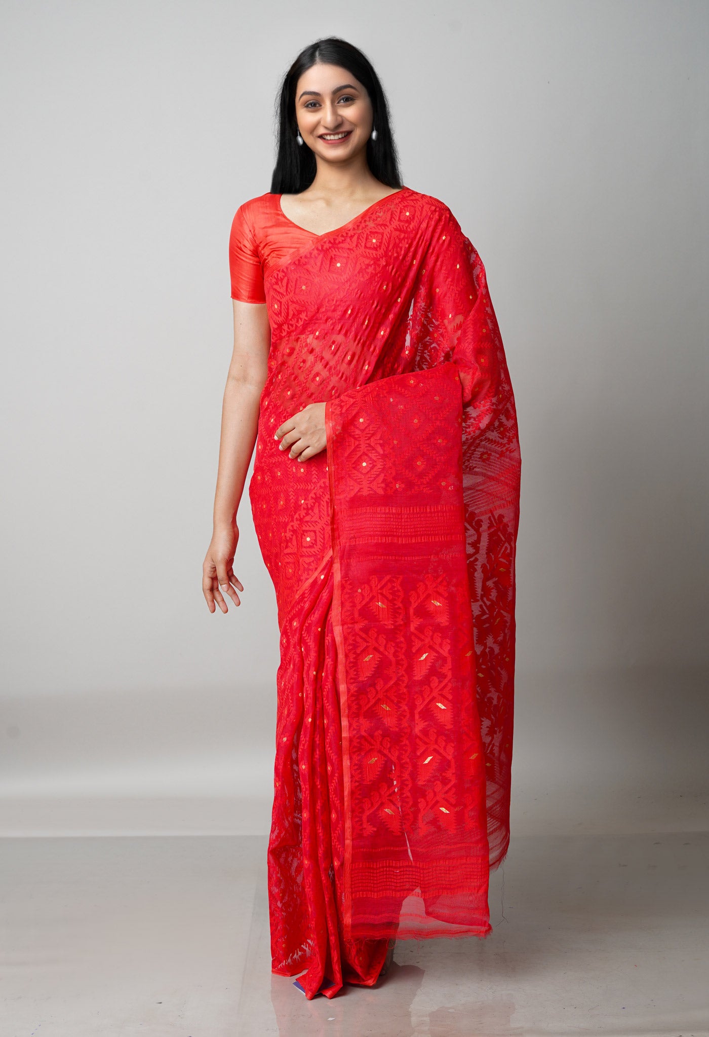Cherry Red Pure Handloom Dhaka Jamdhani Bengal Cotton Saree-UNM68898