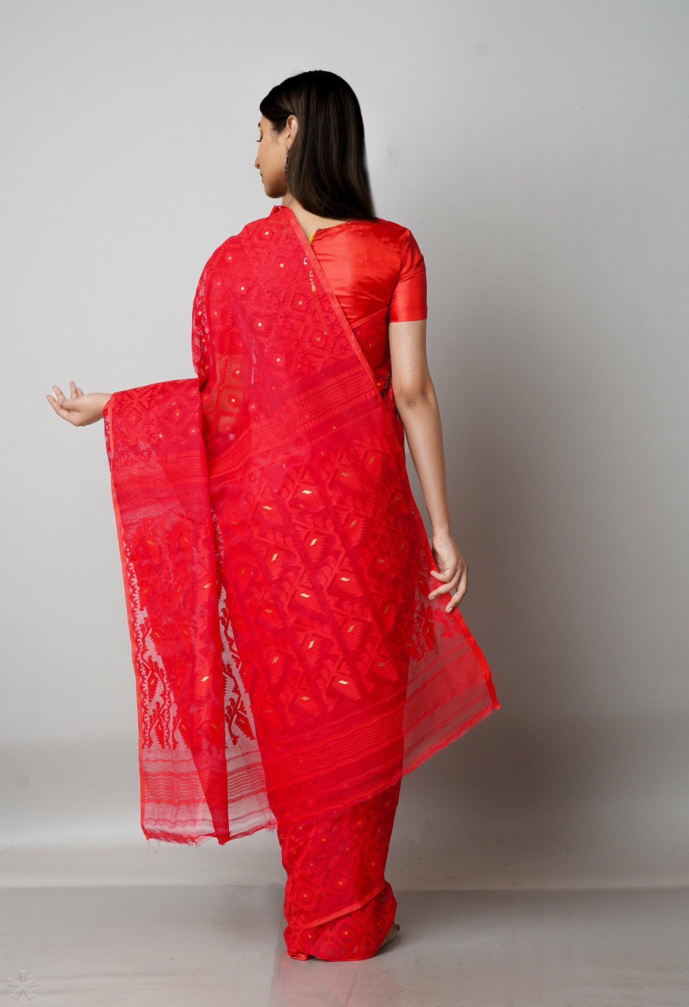 Cherry Red Pure Handloom Dhaka Jamdhani Bengal Cotton Saree-UNM68898